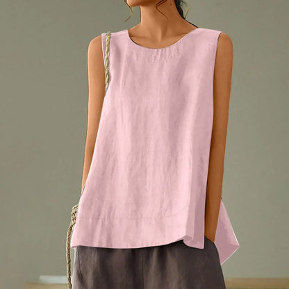 Women’s Summer Oversized Linen Vest Top - Retro Solid Color Sleeveless Round Neck Casual Breathable Shirt