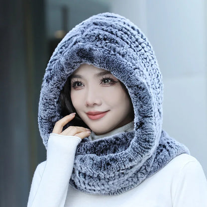 2025 Women’s Knitted Rex Rabbit Fur Hat – Hooded Scarf with Neck Collar, Long Winter Warm Fur Hat & Scarf Set