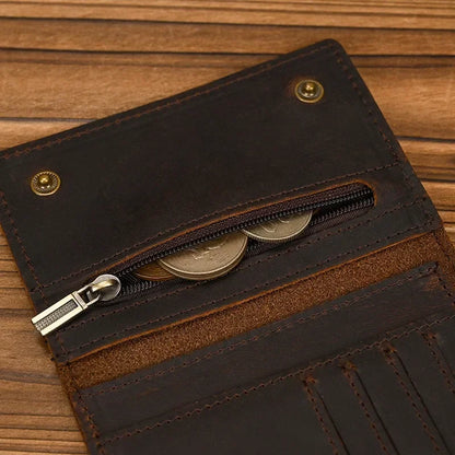 Men's Genuine Leather Short Wallet with Chain – Zipper Clutch, Trifold Purse, Card Holder & Coin Purse for Men