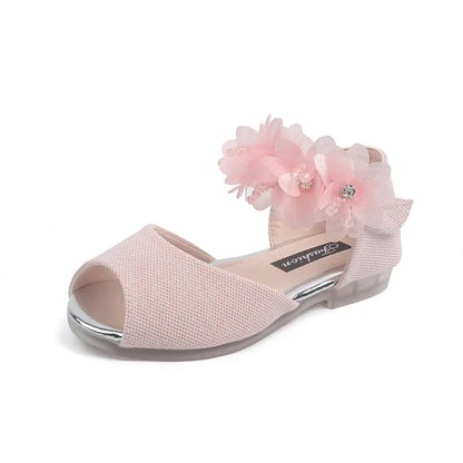Girls Rhinestone Flower Pumps - Low Heel Princess Wedding & Party Dress Shoes for Kids
