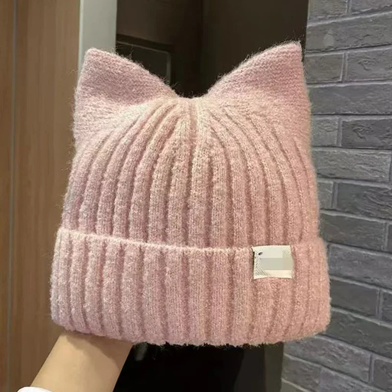 Cute Cat Ears Beanie for Women – Warm Autumn Winter Knitted Hat, Sweet Ear Protection Pullover