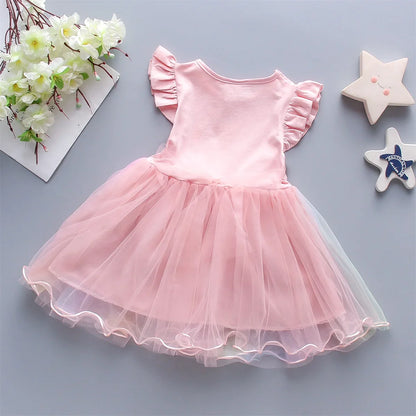 Cute Girls’ Summer Dress - Sleeveless Rainbow Mesh Love Print Casual Dress for 0–3 Years