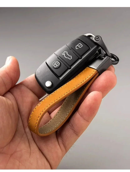 Luxury Genuine Leather Car Keychain – Pure Color Buckle Key Ring, Stylish Car Accessory Gift