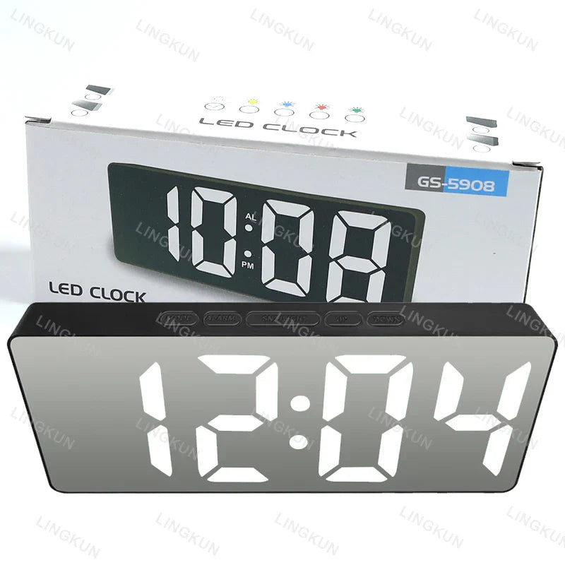Noiseless LED Mirror Alarm Clock — Large Digital Display Silent Electronic Clock