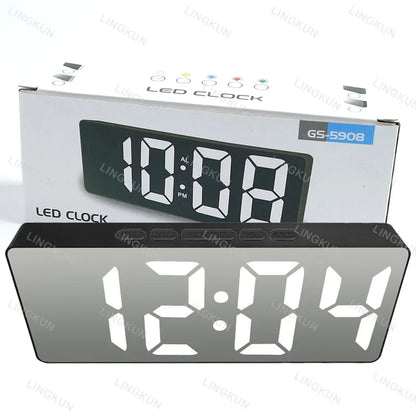 Noiseless LED Mirror Alarm Clock — Large Digital Display Silent Electronic Clock