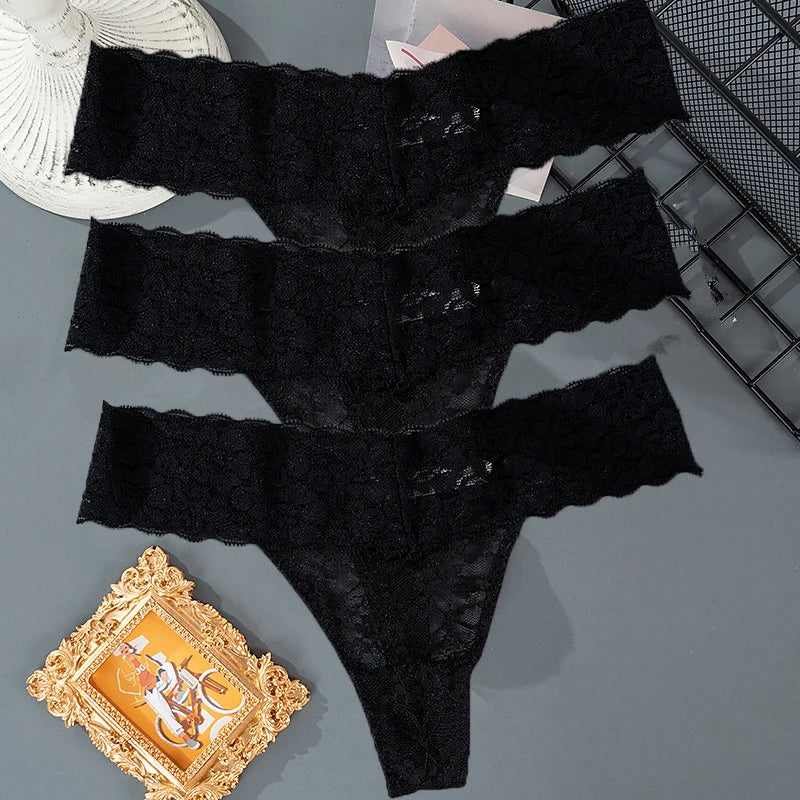 3PCS Lace Floral Women’s Panties - Low Waist Breathable Briefs & Thong, Sexy G-String Transparent Underwear (M-2XL)