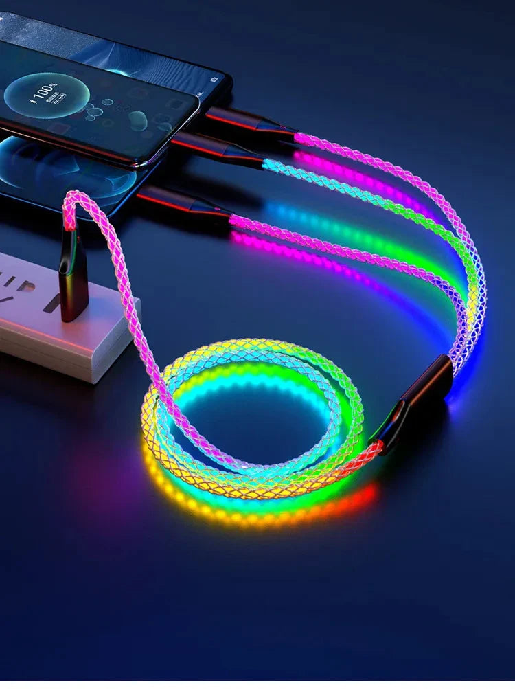 6A RGB 3-in-1 Fast Charging Cable – Colorful Breathing Light USB Data Cord for Car & Universal Use