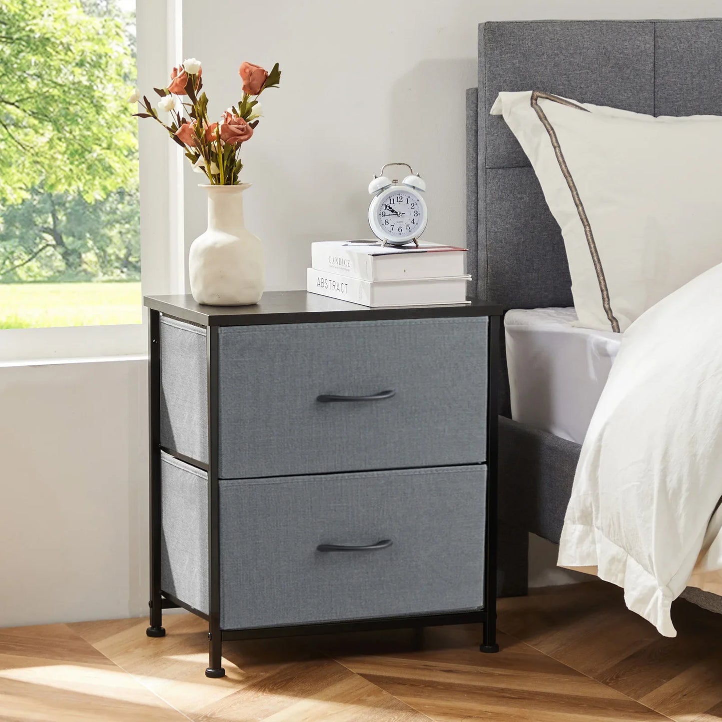Nightstand Bedside Table – Coffee, Sofa & Tea Table with 2 Fabric Drawers for Bedroom Storage & Clothes Display
