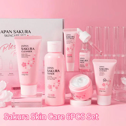 6PCS Sakura Skincare Set – Face Cream, Serum, Toner, Cleanser, Sunscreen & Eye Cream in Gift Box