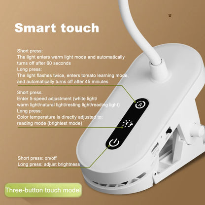 Clip-On LED Desk Lamp – Portable Book Light with Stepless Dimming, 1200mAh Eye Protection for Reading & Study