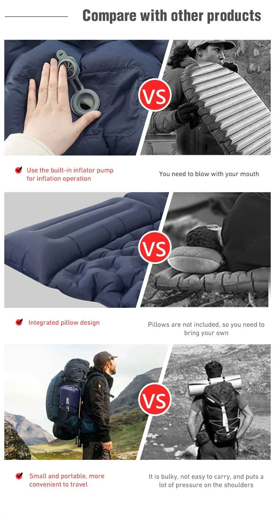 WESTTUNE Double Inflatable Air Mattress – Built-in Pillow Sleeping Pad for Camping, Travel, and Hiking