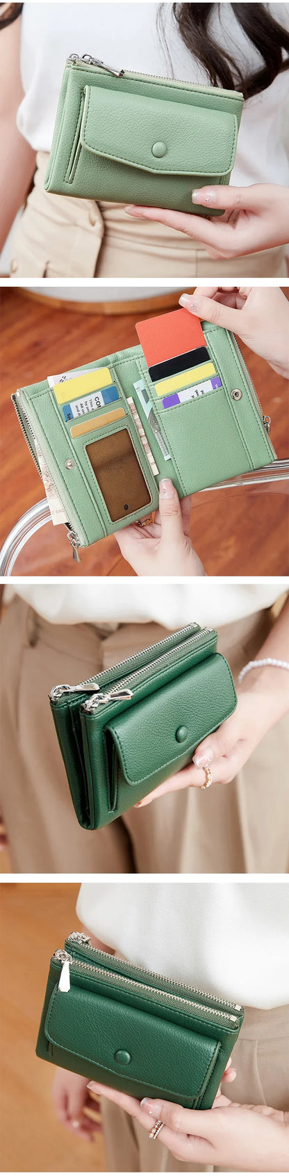 Women’s PU Leather Short Double Zipper Wallet – Simple Solid Color, Large Capacity Credit Card Holder with Coin Pocket
