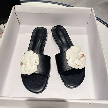 Luxury Women’s Flower Slippers — Camellia Open-Toe Slides for Home & Outdoor, Ladies Flip Flop Sandals