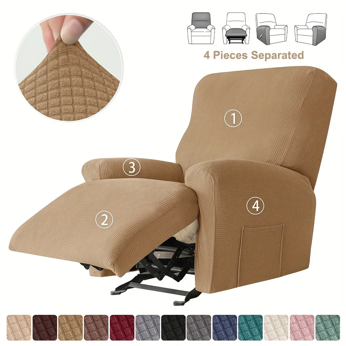 4pcs Recliner Sofa Cover Set - Stretch Spandex Couch Slipcovers with Non-Slip Fit for Armchair & Lazy Chair