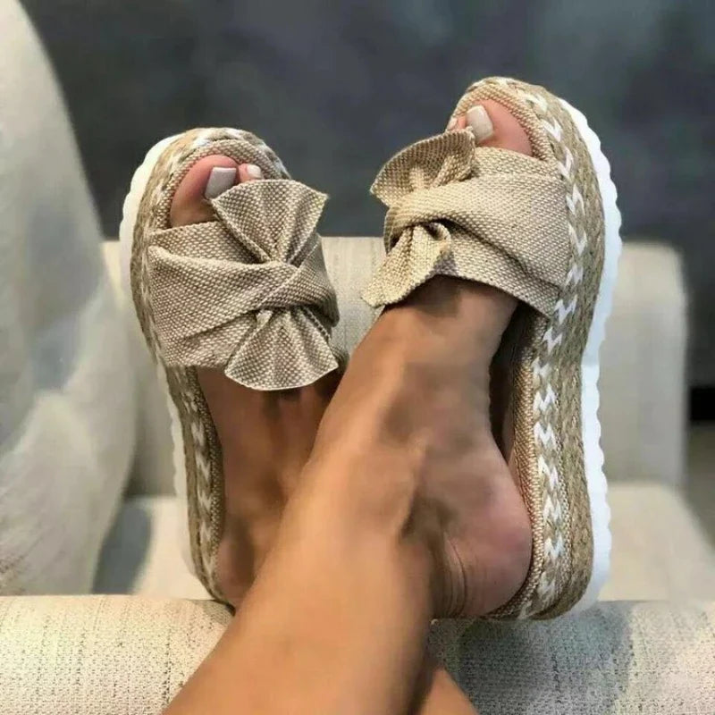 Women's Bowknot Woven Wedge Sandals - Comfortable Non-Slip Summer Beach Shoes