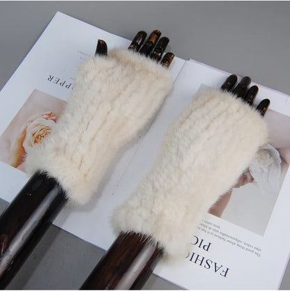 Women’s Winter Mink Fur Gloves – 100% Natural Fingerless Knitted Mittens for Warmth