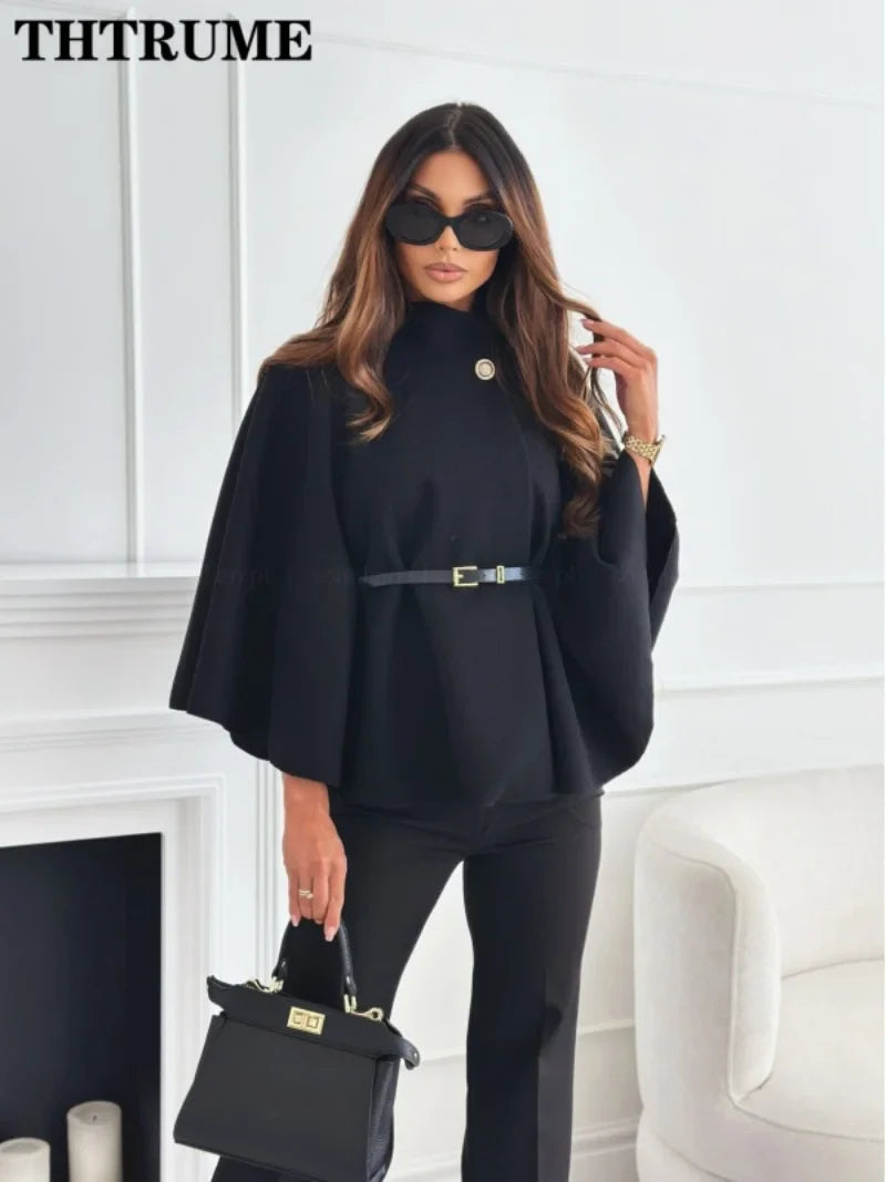 Elegant Autumn Solid Jacket for Women – Single-Breasted Batwing Sleeve, Loose Casual Coat for Office & Chic Look