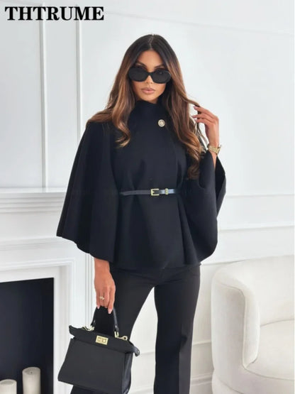 Elegant Autumn Solid Jacket for Women – Single-Breasted Batwing Sleeve, Loose Casual Coat for Office & Chic Look