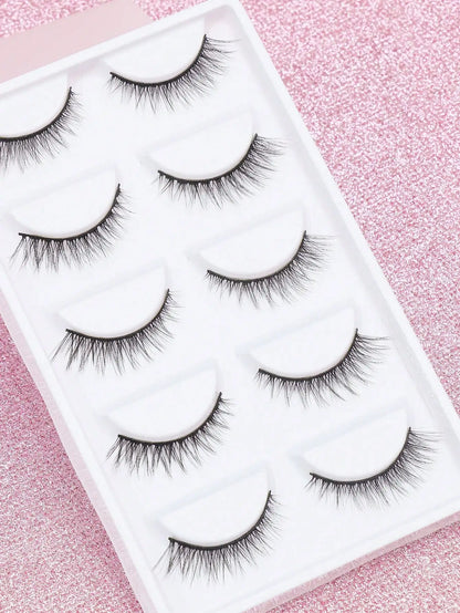 5 Pairs Cat Eye Faux Mink Eyelashes – Winged Long Natural Manga Style False Lashes Makeup Set