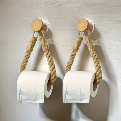 Rustic Hemp Rope Toilet Paper Holder – Self-Adhesive Wall Mount Bathroom Tissue Holder with Wooden Knob, Natural Braided Bathroom Decor