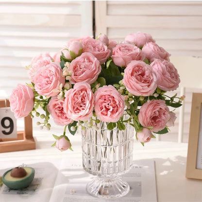 30cm Rose Pink Peony Silk Bouquet Artificial Flower, 5 Big Heads & 4 Small Buds for Wedding & Home Decor