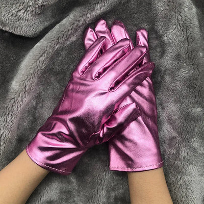 Gold Silver Metallic Faux Leather Short Gloves – Sexy Wet Look Party, Evening & Performance Mittens Handwear