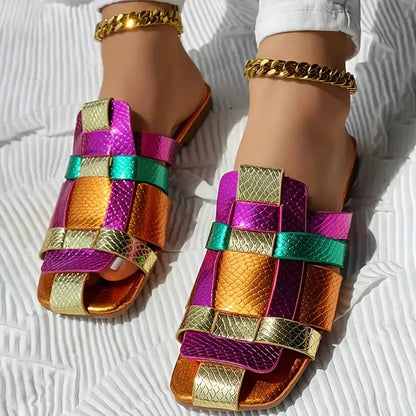 Colorful Square Toe Roman Flat Sandals - Women’s Summer Hollow Vacation Slippers
