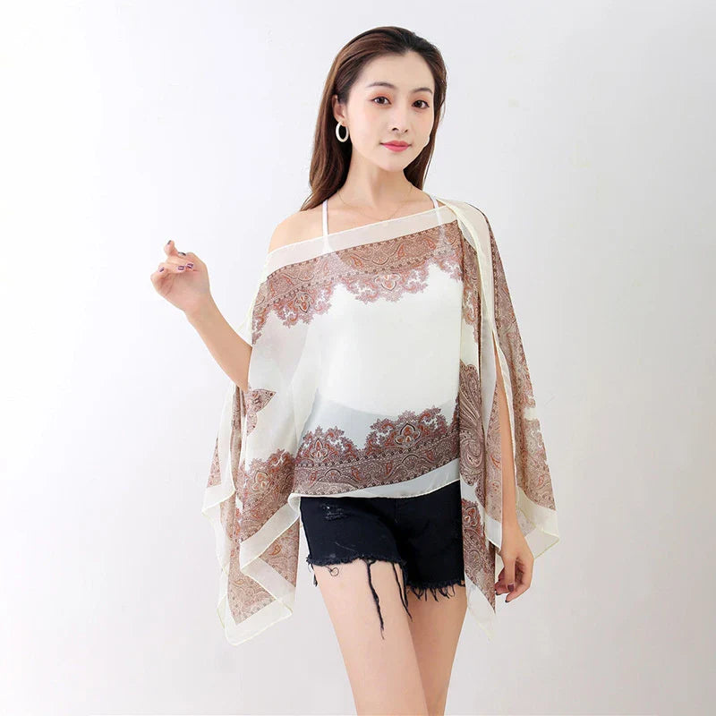Women’s Summer Beach Shawl – Loose Chiffon Bikini Cover-Up Blouse with Buttons Sun Protection Scarf