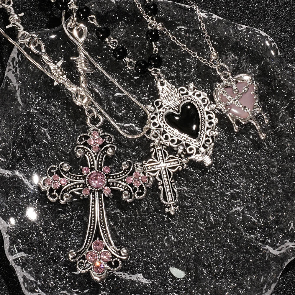 Y2K Cross Love Pendant Necklace - Sweet Cool Girl Personalized Jewelry for Everyday Wear