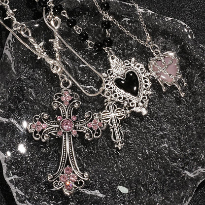 Y2K Cross Love Pendant Necklace - Sweet Cool Girl Personalized Jewelry for Everyday Wear