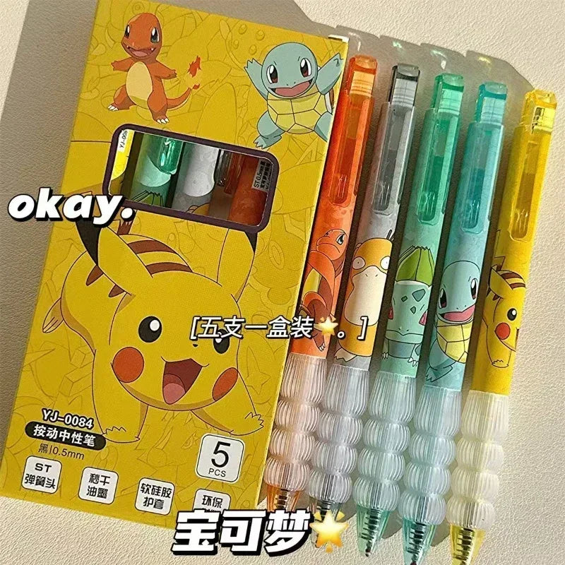 5PCS Pokemon Gel Pens – Pikachu, Charmander & Squirtle Cute Anime Cartoon Stationery for School & Holiday Gifts