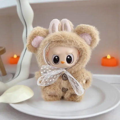 17cm Mini Plush Doll Clothes – Outfit Accessories for Kpop EXO Labubu Idol V1/V2, Cartoon Bear Hat & Bow Clothing Gift