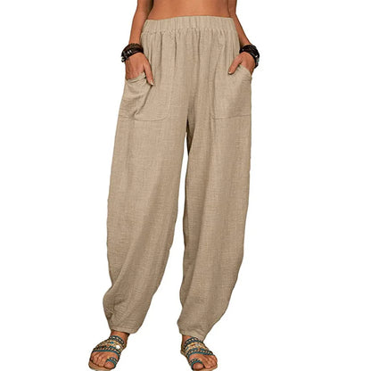 Women’s Casual Cotton Linen Harem Pants – Loose Fit Wide Leg Summer Lounge & Homewear Breathable Long Trousers LRFZ-922
