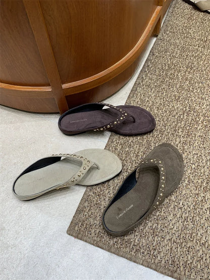 Women’s Studded Flip Flops - Suede Thong Sandals with Rivets for Casual Summer Beach Wear