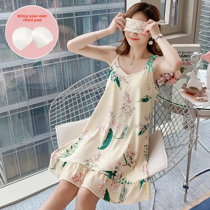 Women’s Cartoon Animal Pajama Set - Cute Loose Sling Nightgown with Bra Pad & Free Eye Mask for Sleepwear