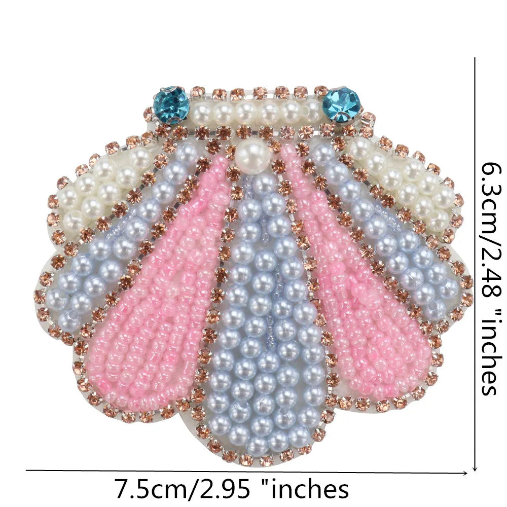 Marine Series Rhinestone Patches - Handmade Shell Starfish Seahorse Leaf Beaded Sewing Appliques for DIY Clothing