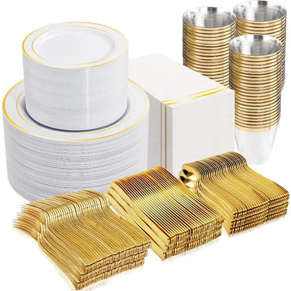 700PCS Gold Plastic Dinnerware Set – White & Gold Plates with 100 Napkins, Serves 100 Guests, Disposable Wedding Party Set