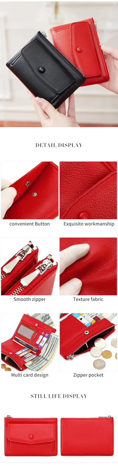 Women’s PU Leather Short Double Zipper Wallet – Simple Solid Color, Large Capacity Credit Card Holder with Coin Pocket