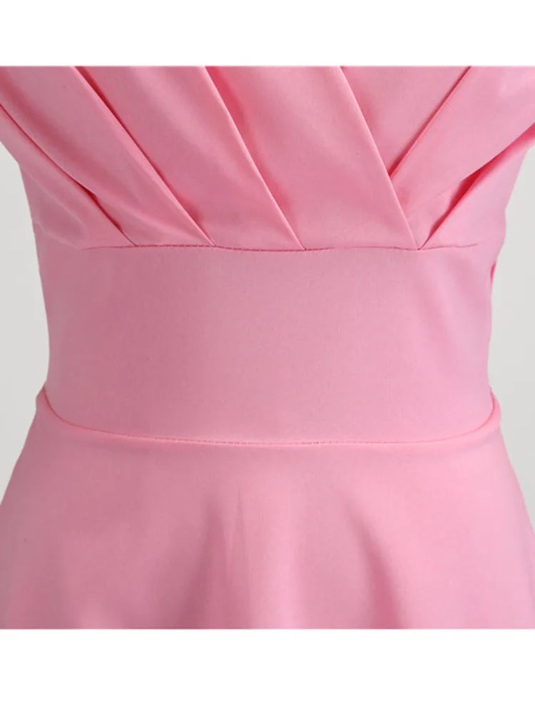 Women’s Pink Summer Dress – V-Neck Vintage Retro Midi Party & Office Dress