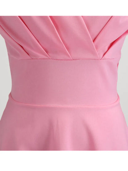 Women’s Pink Summer Dress – V-Neck Vintage Retro Midi Party & Office Dress