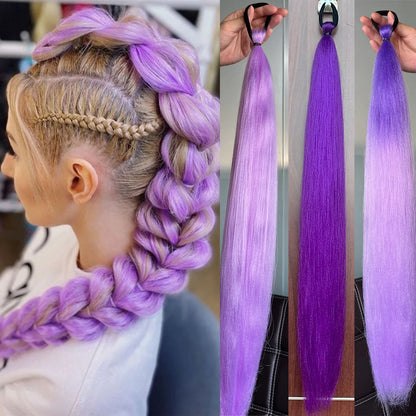 2Pcs Purple Synthetic Ponytail Extensions – Long Straight Hair Accessories with Rubber Bands for Women & Halloween