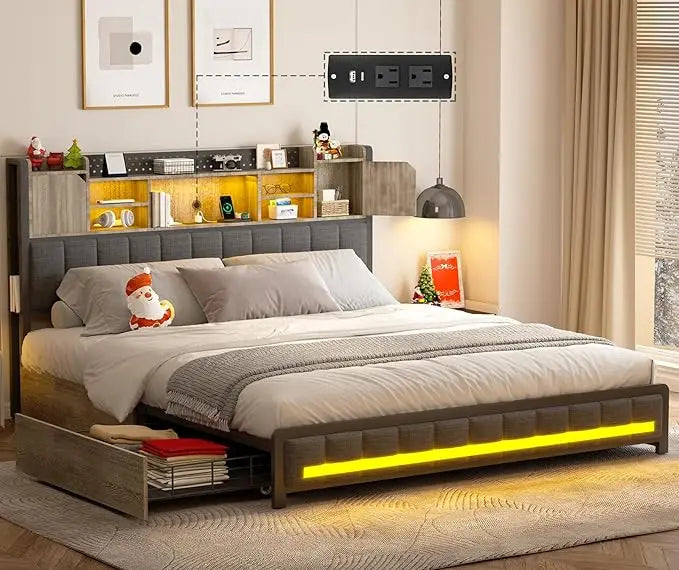 Full Size Upholstered Bed Frame with Storage Drawers, Bookcase Headboard, LED Lights & USB Charging Station