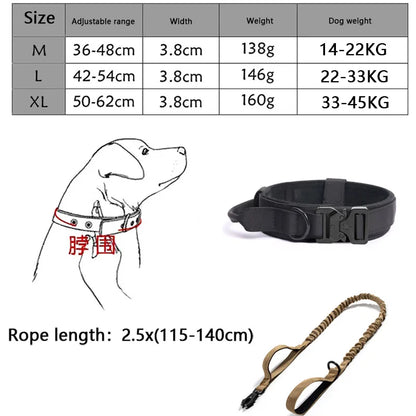 Adjustable Tactical Dog Collar with Traction Rope – Military Training Collar for Medium & Large Dogs