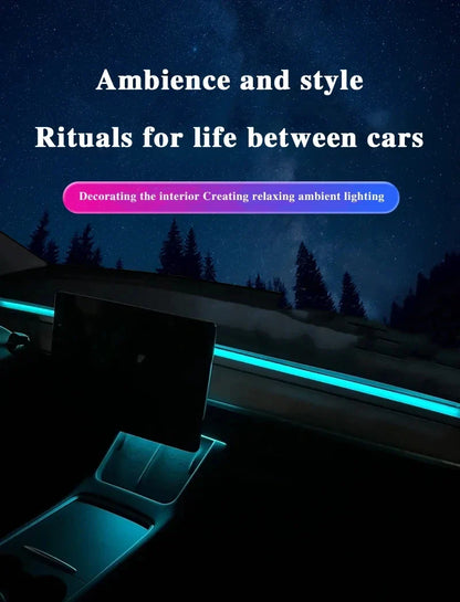 2-in-1 Dynamic Neon RGB Car LED Ambient Lighting – Auto OFF 60s Module for Tesla Model 3 & Y Dashboard Decoration