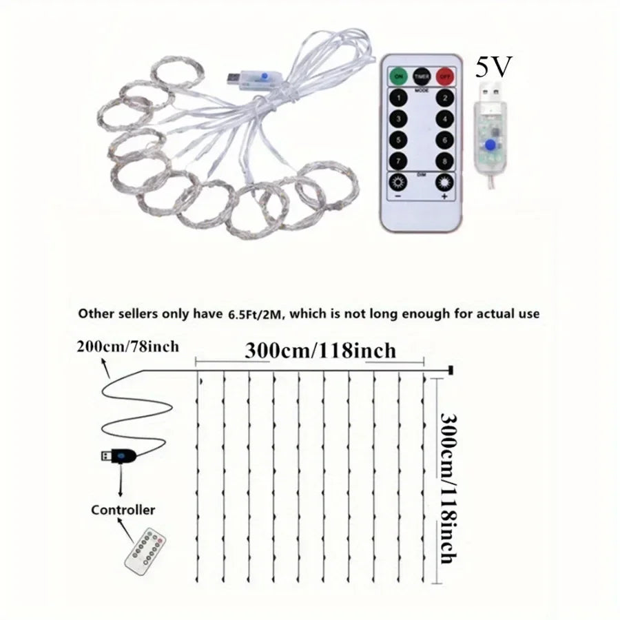 Remote Control Fairy Lights - USB LED Curtain String Lights for Christmas & Party Decor