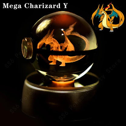 Pokemon Crystal Ball Night Light - 3D Pikachu, Gengar, Mew and Mewtwo Lamp Base, Glass Pokeball Figure, Birthday Gift