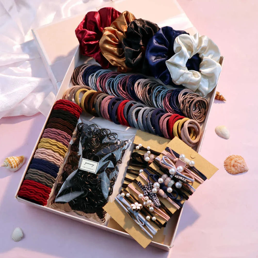 1085PCS Dark Hair Accessories Set - Seamless Ponytail Holders, Scrunchies, Hairbands & Ties for Women