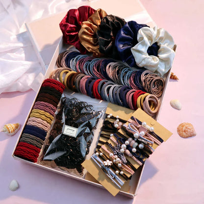1085PCS Dark Hair Accessories Set - Seamless Ponytail Holders, Scrunchies, Hairbands & Ties for Women
