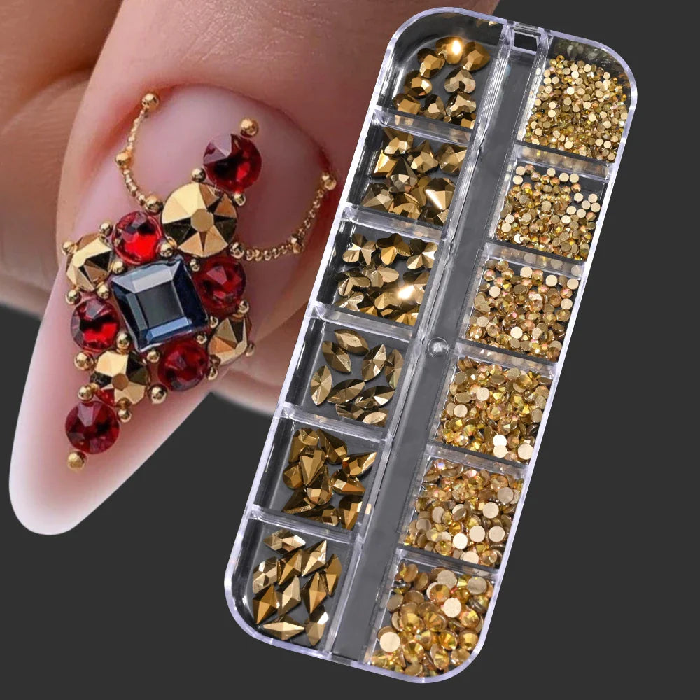 12-Grid 3D Glass AB Crystal Nail Art Rhinestones Kit – Flatback Round Beads with Tools for Nail Jewelry & Diamond Decoration