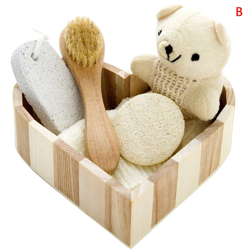 Spa Heart-Shaped Gift Box – Bathing Skin Cleaning Kit for Women with Sisal Bath Flower, Back Scrubber Gloves & Massager